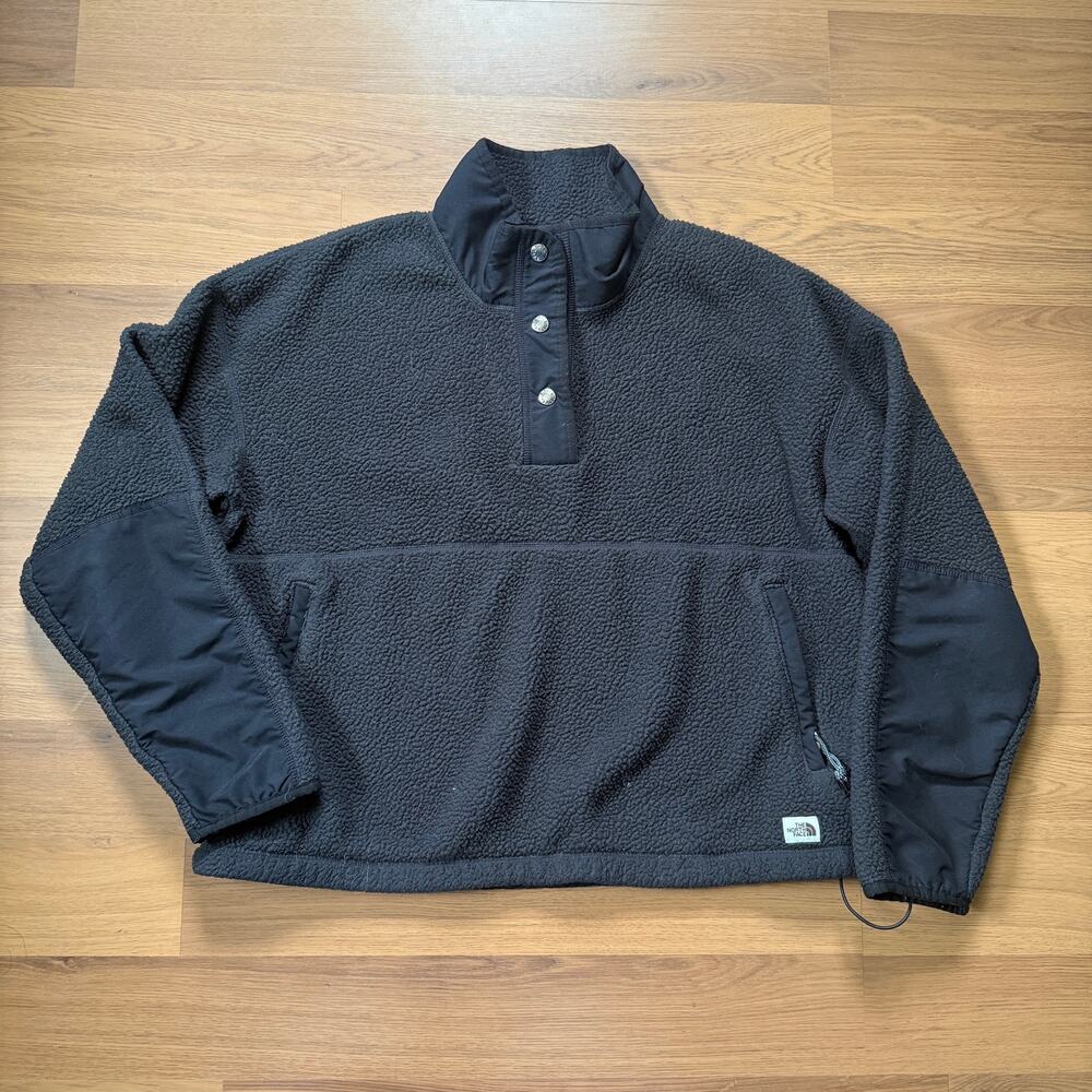 Women's The North Face Black 1/4 Snap Fleece Pullover Cropped Jacket Sz Large